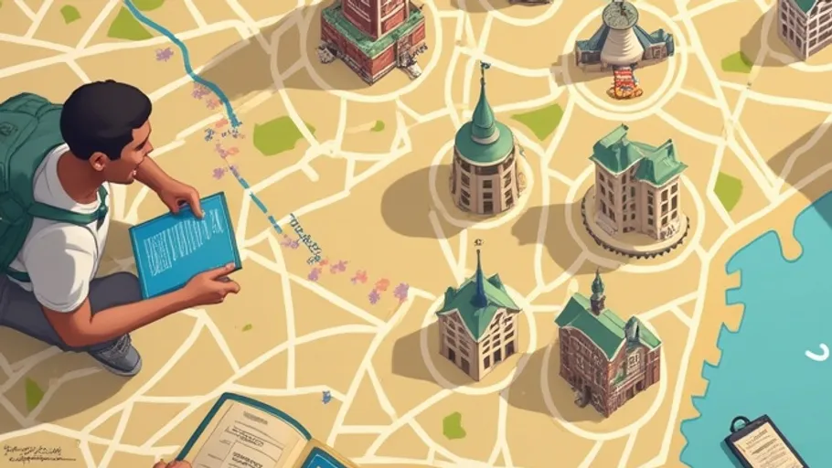 Man reading book, navigating large map.