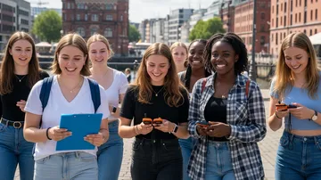 Group of young women walking in a city.