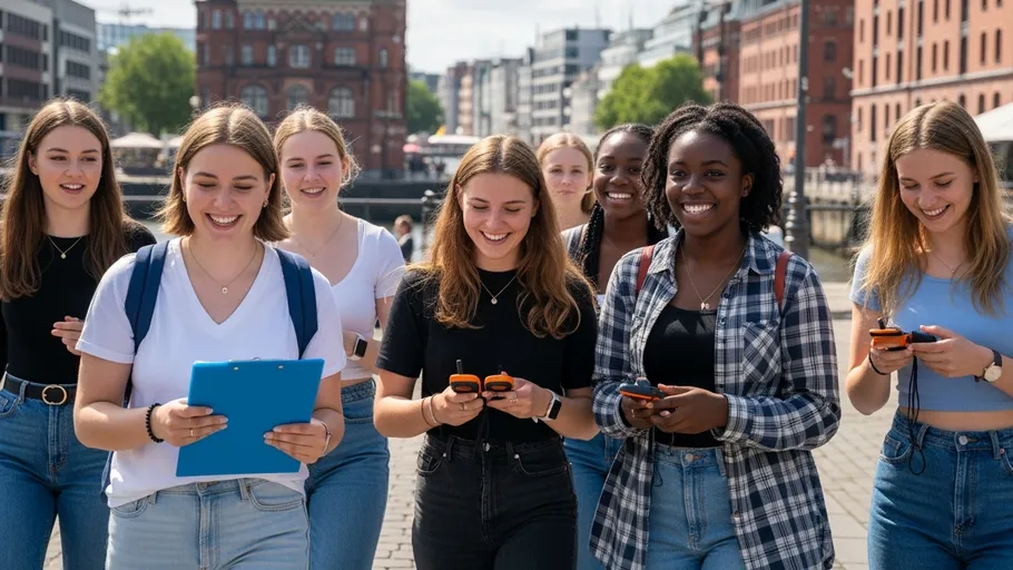 Gruppe junger Frauen geht in einer Stadt.