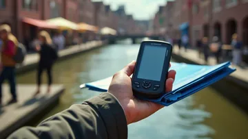 Hand holds GPS device near canal and buildings.