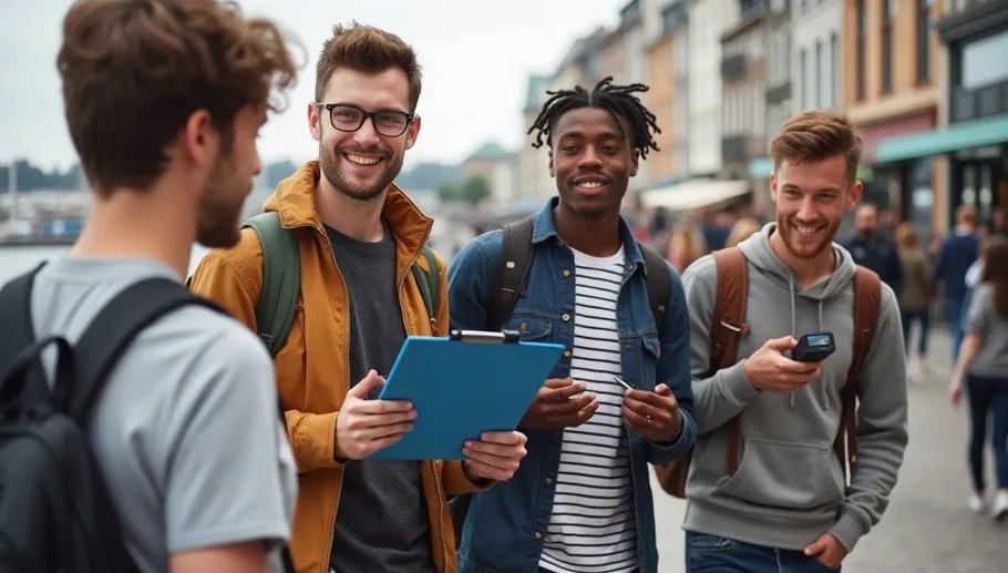 Four men chatting on a busy street.