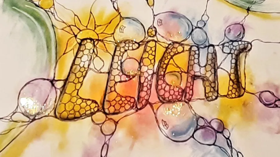 Colorful artistic text design with abstract bubbles.