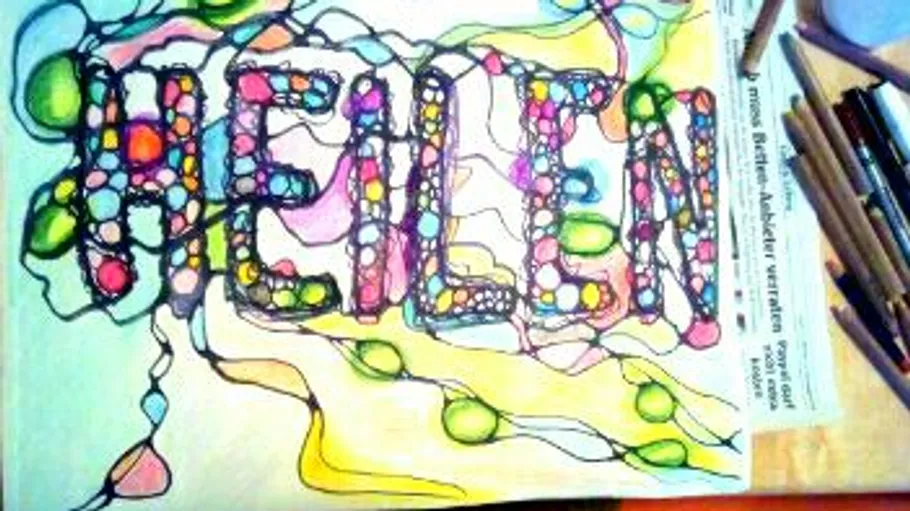 Colorful artwork spelling 'HEILEN' on newspaper background.