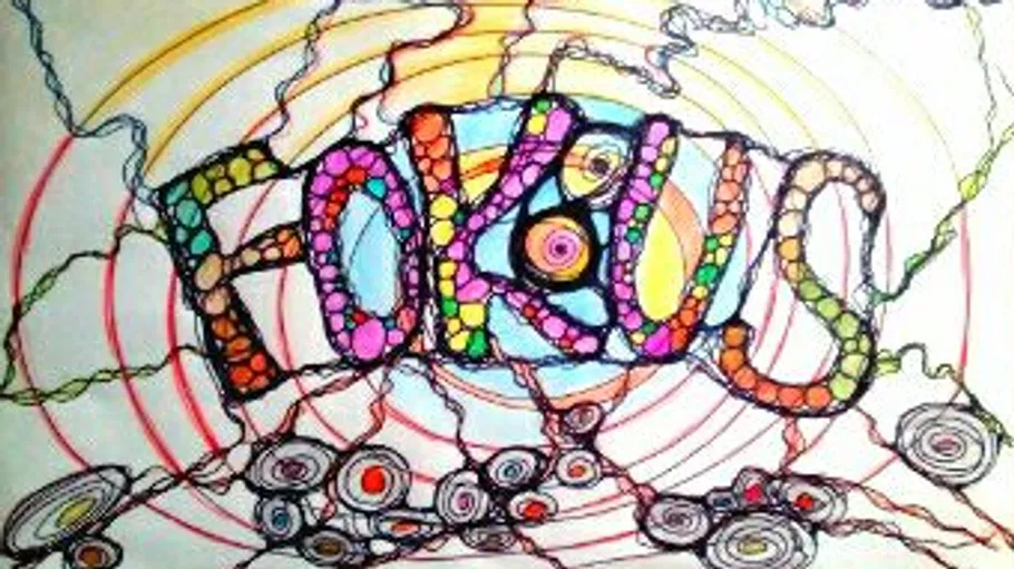Colorful art with word "FOKUS" and spiral patterns.