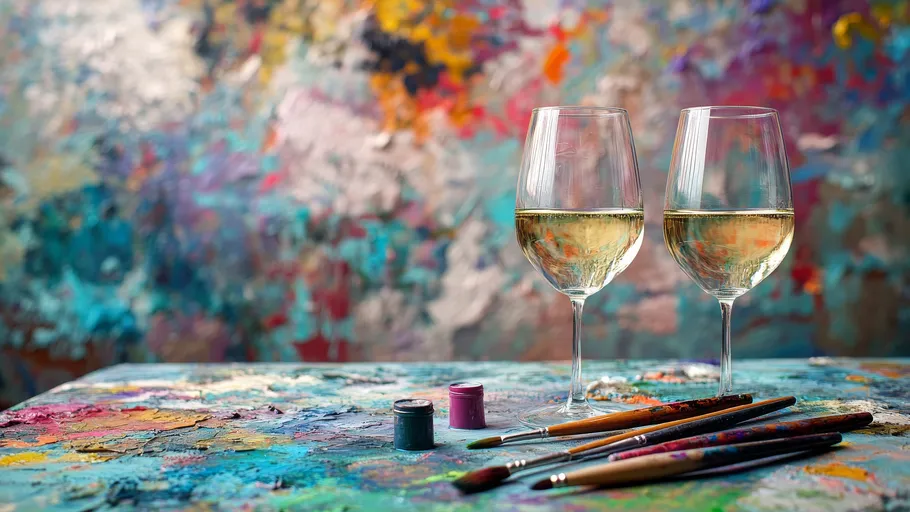 Wine glasses beside paintbrushes on colorful canvas.