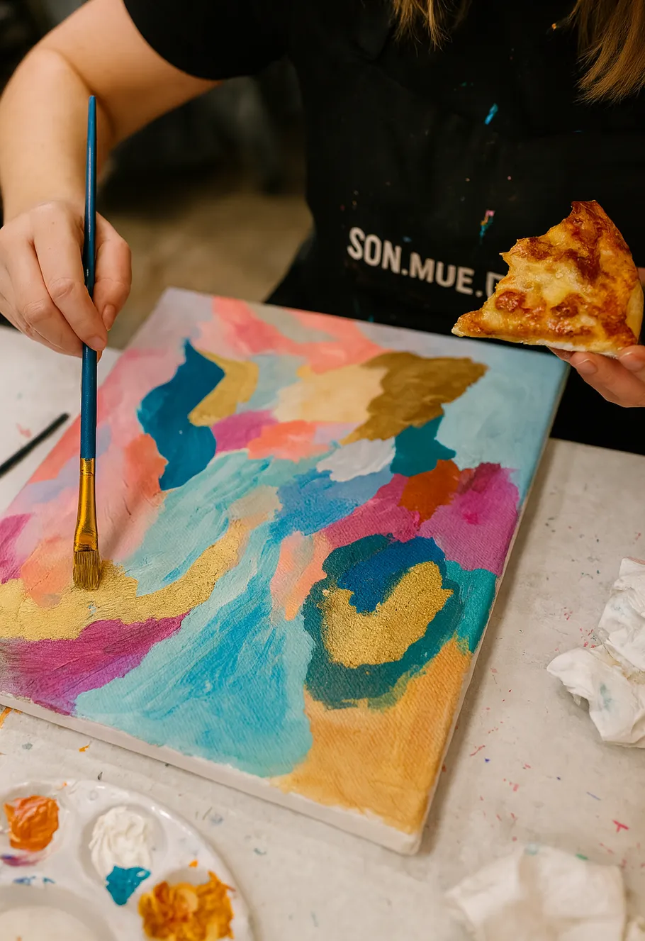 Person malt bunte Leinwand und hält Pizza.