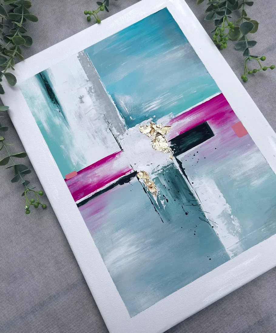 Abstract painting with blue and pink tones.