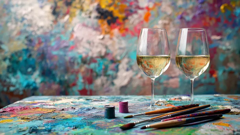 Wine glasses on colorful art table.