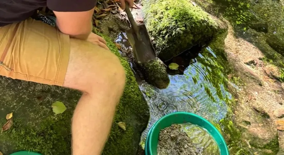 Person digging near stream with green bucket.