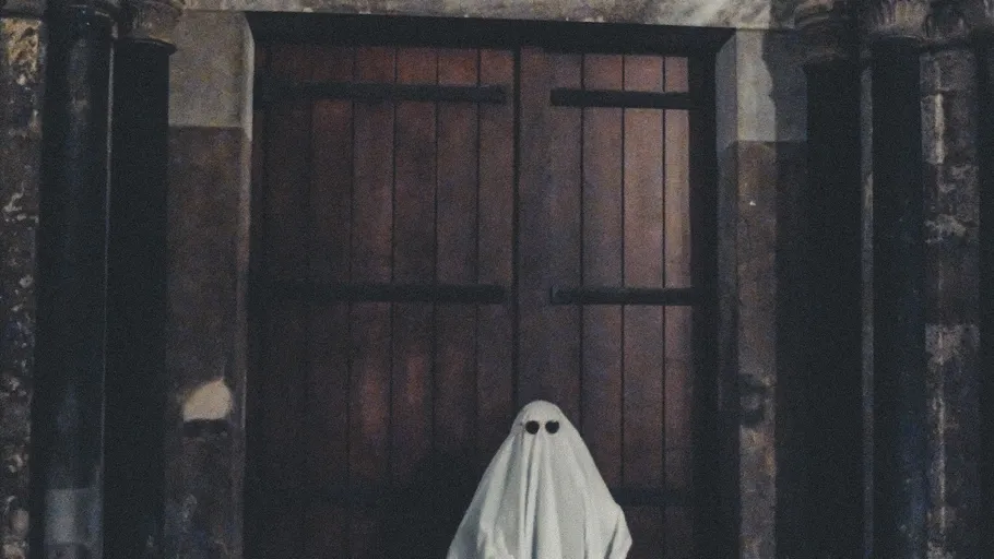 Ghost costume in front of wooden door.