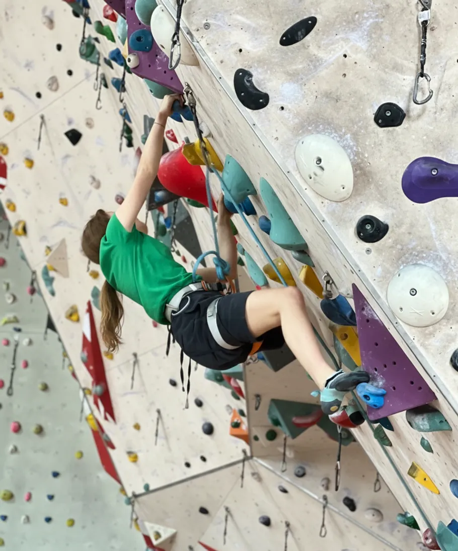 Person climbing indoor rock wall, colorful holds.