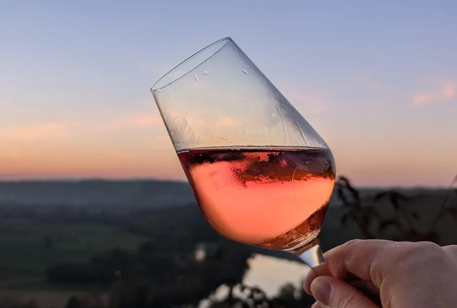 Hand holding wine glass against sunset sky.