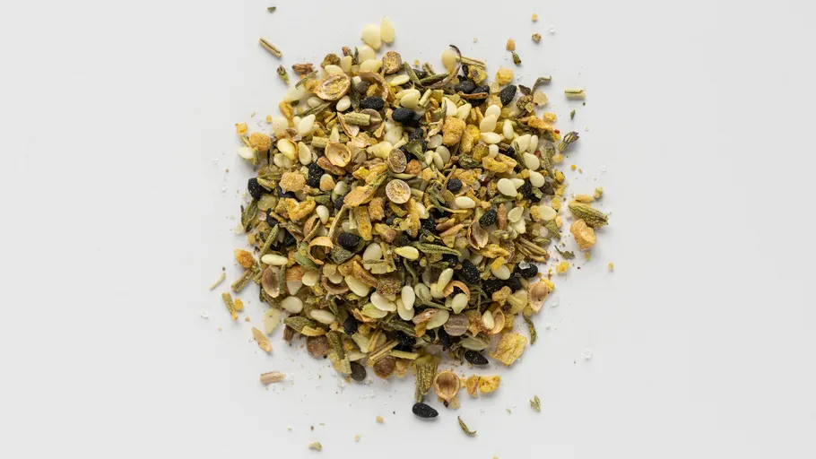 Pile of mixed spices on white background.