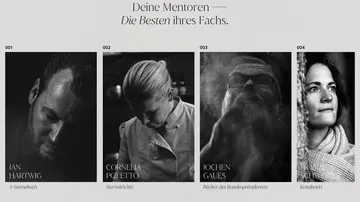 Vier Köche mit Titeln in Graustufen dargestellt.