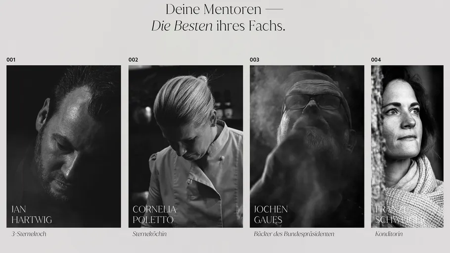 Vier Köche mit Titeln in Graustufen dargestellt.