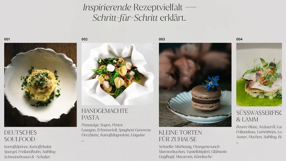 Four dishes with descriptions in German.