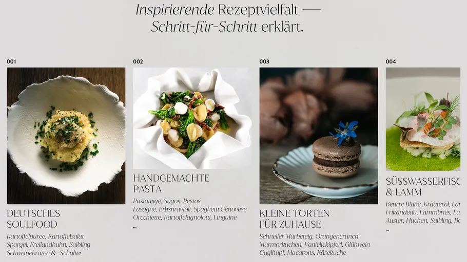 Vier Gerichte auf einer Speisekarte dargestellt.