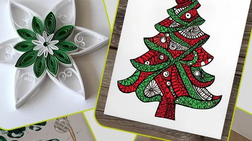Quilled flower and abstract Christmas tree art.