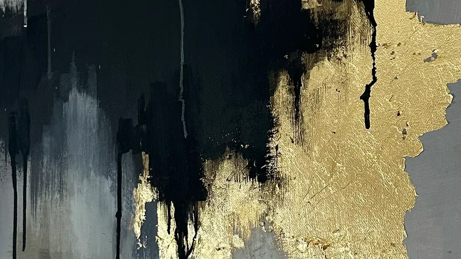 Abstract painting with gold and black textures.