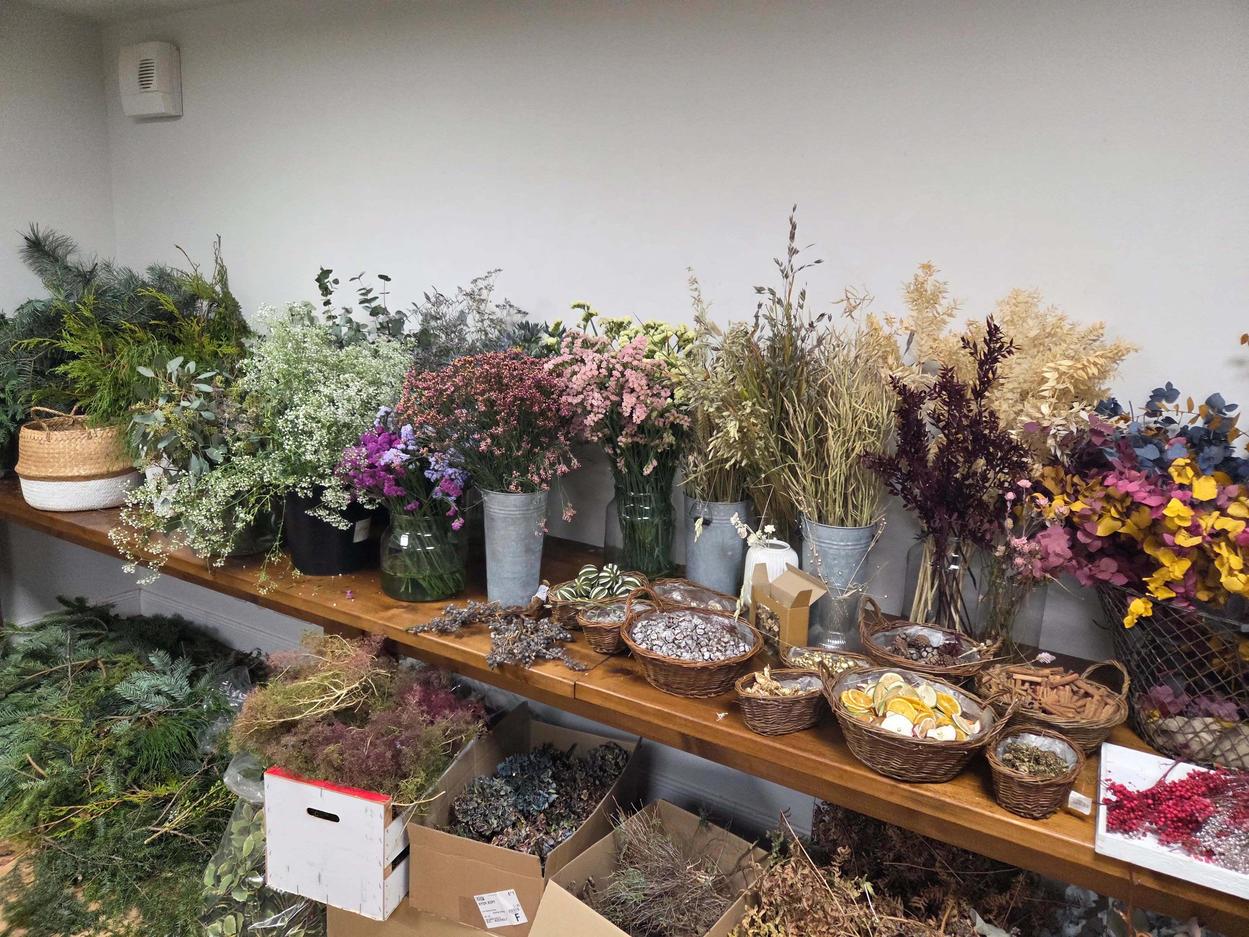 Various dried flowers on shelves in a room.