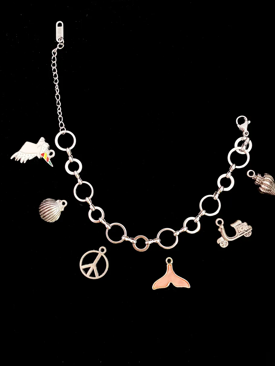 Charm bracelet with various pendants on black background.
