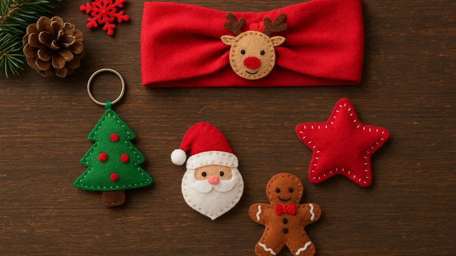 Weihnachtsbastelarbeiten auf Holzoberfläche arrangiert.