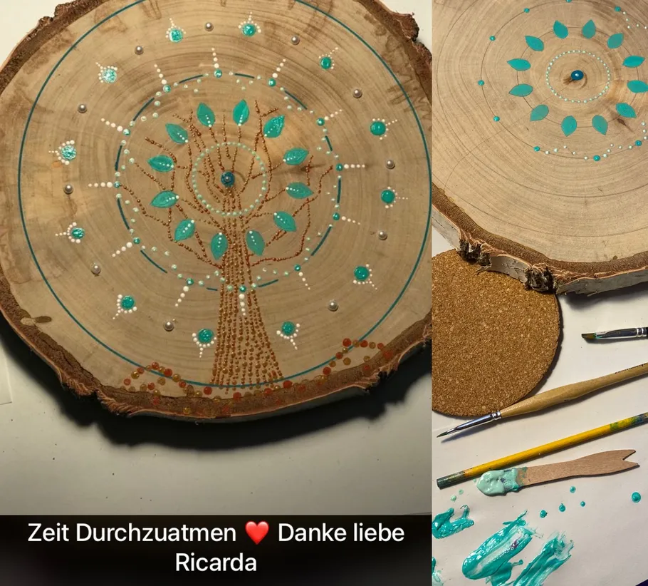 Wood slice with painted tree design and tools.