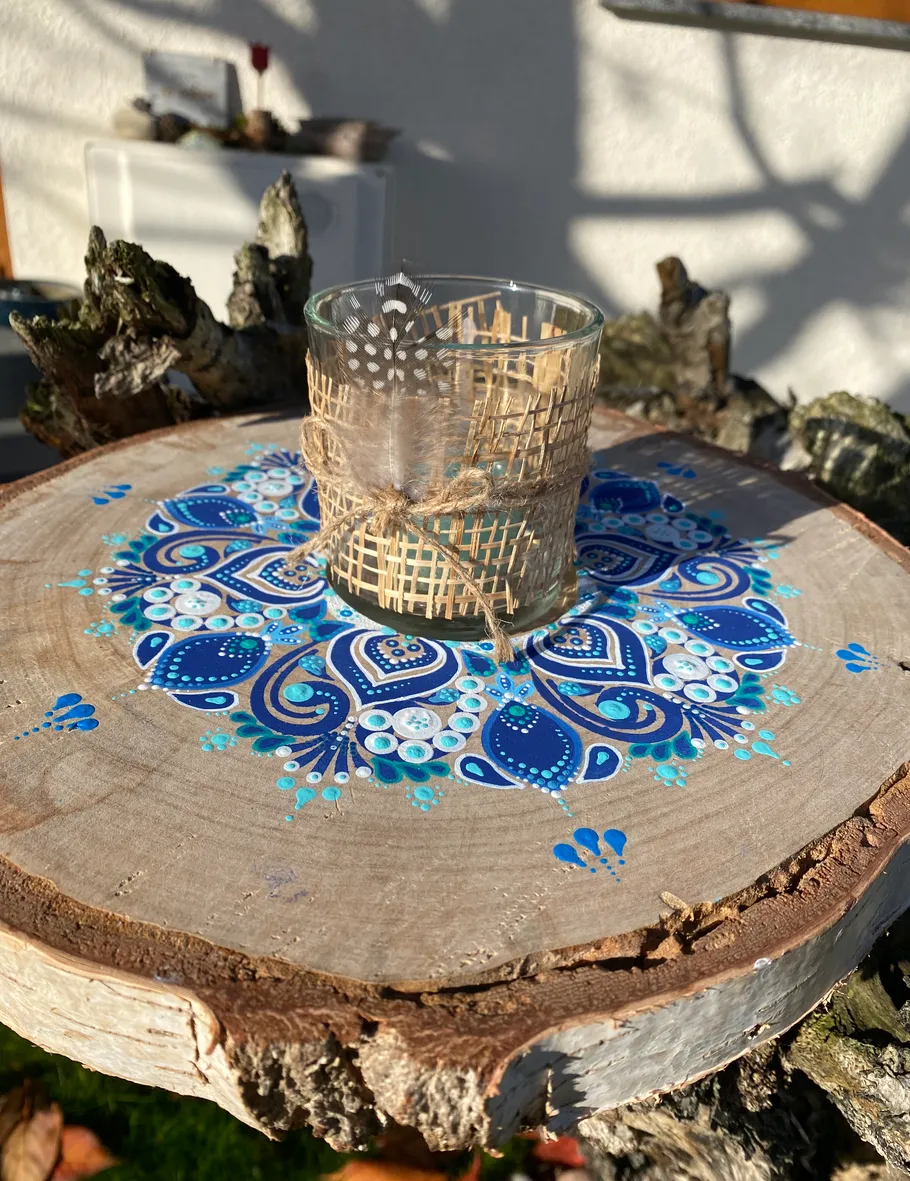 Decorative glass on painted wooden slice.
