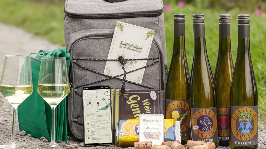 Wine bottles, glasses, and snacks outdoors setup.