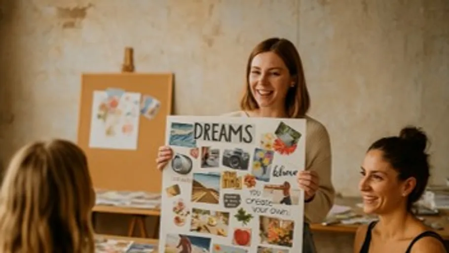 Frau hält Vision Board in Gruppensetting.