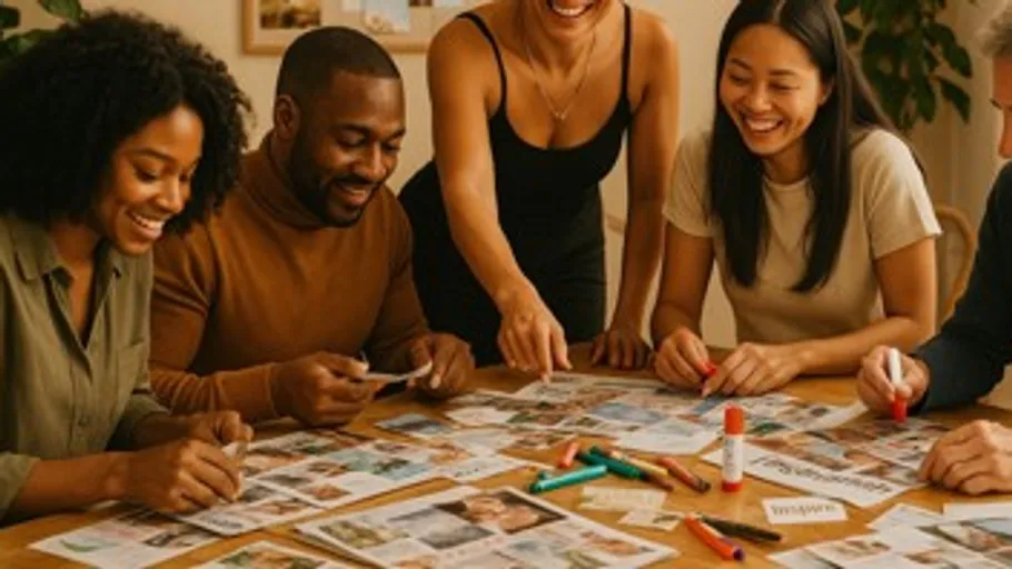 Group creating collage at table, laughing.