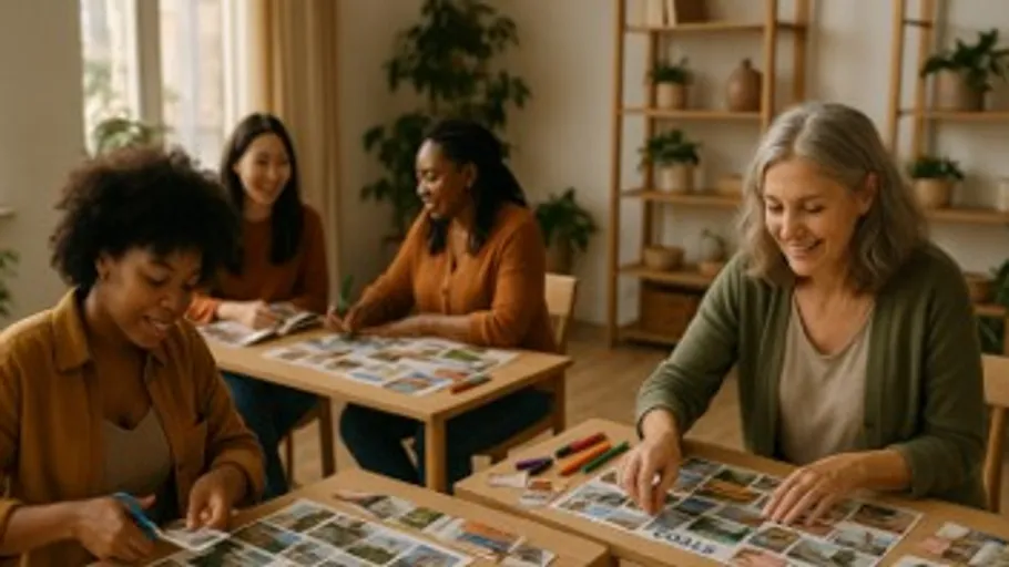 Women crafting at table with magazines.