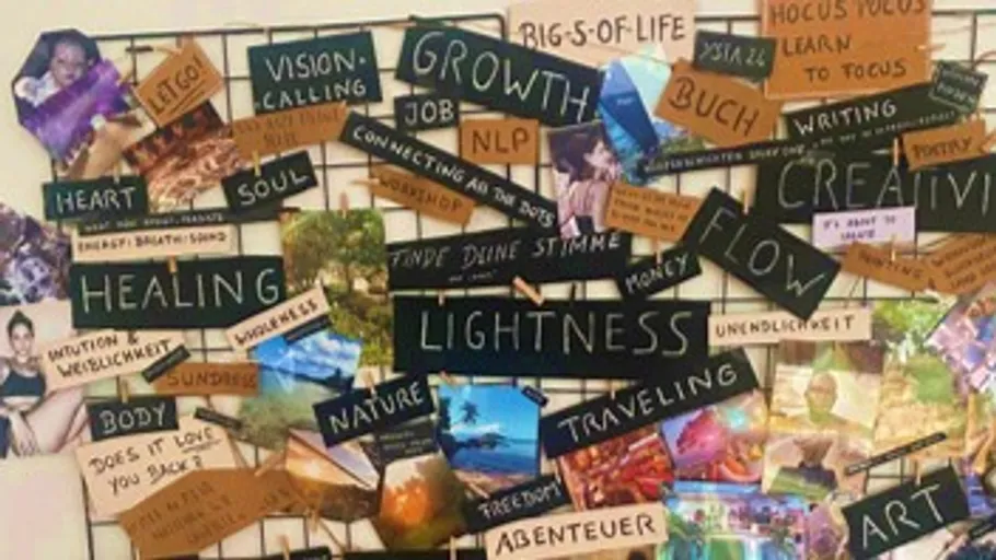 Bulletin board with inspirational words and images.