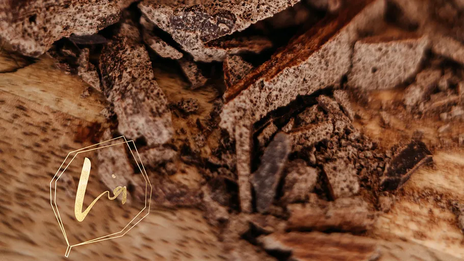 Close-up of chocolate shavings on wood.