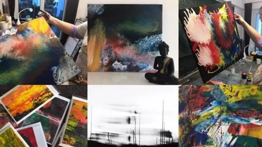 Abstract paintings being showcased in studio.