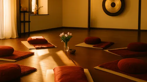 Meditation cushions arranged with a vase in sunlight.