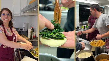 People cooking in a kitchen, filling pasta.