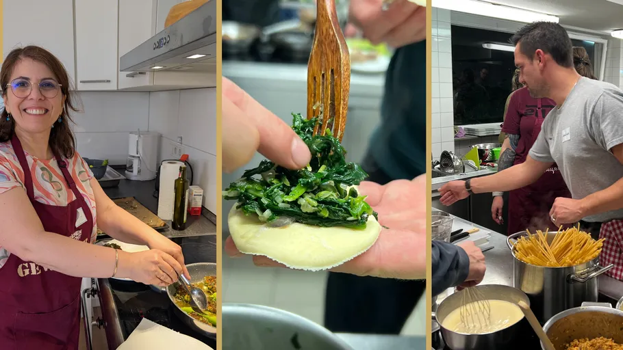 Personen kochen in einer Küche, füllen Pasta.