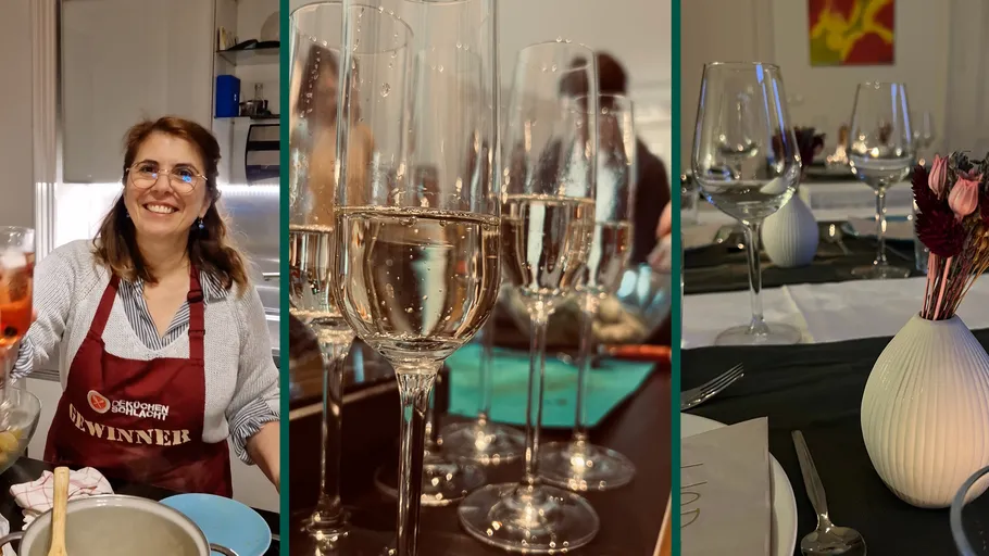 Woman cooking, champagne glasses, dining table setup.