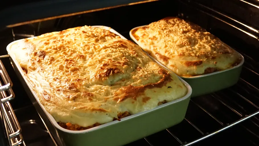 Two casseroles baking in oven.