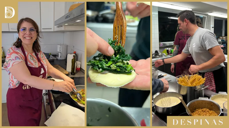 People cooking various dishes in a kitchen.