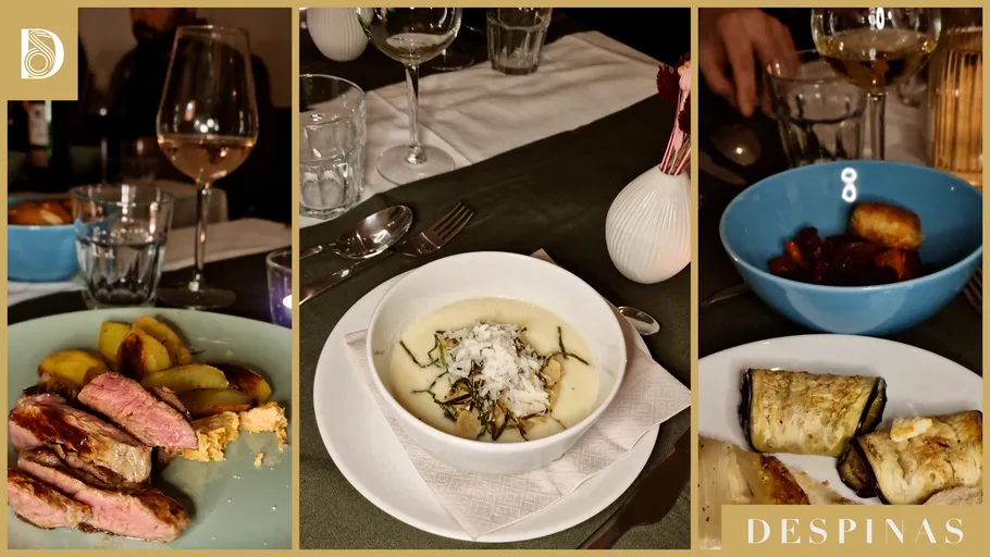 Drei-Gänge-Menü mit Wein auf einem Tisch.