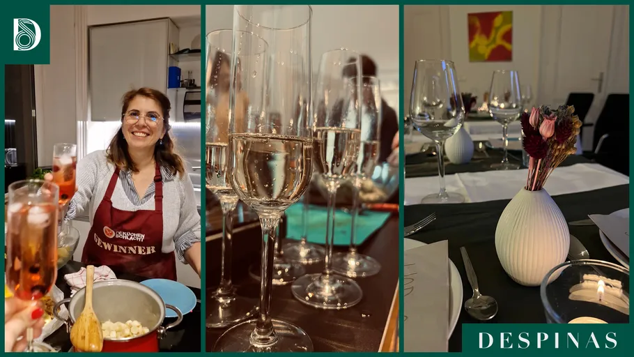 Woman cooking, champagne glasses, elegant table setting.