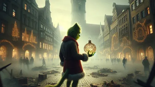 Grinch hält Ornament in dekorierter Stadtstraße.