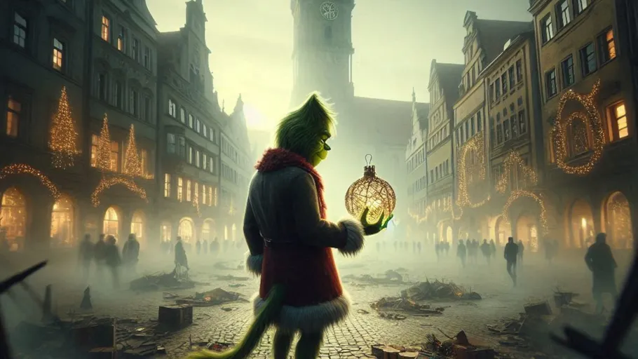 Grinch holding ornament in decorated city street.