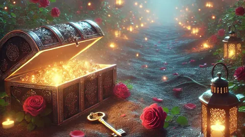 Glowing treasure chest in lantern-lit garden.