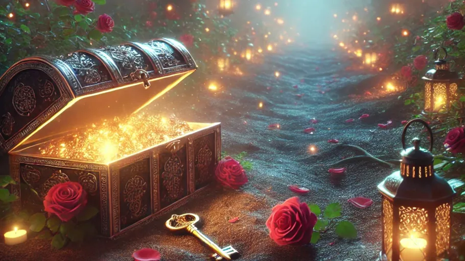 Glowing treasure chest in lantern-lit garden.