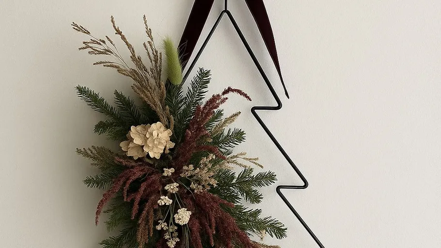 Wire tree-shaped frame with dried floral arrangement.
