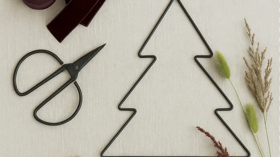 Metal scissors and tree outline on fabric.