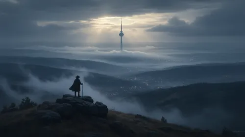 Person overlooking misty landscape with distant tower.